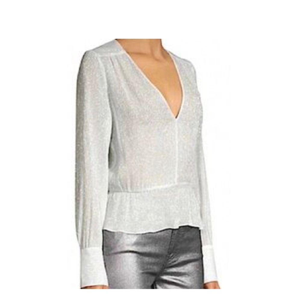 7 For All Mankind White Metallic Silk Blouse Peplum Waist